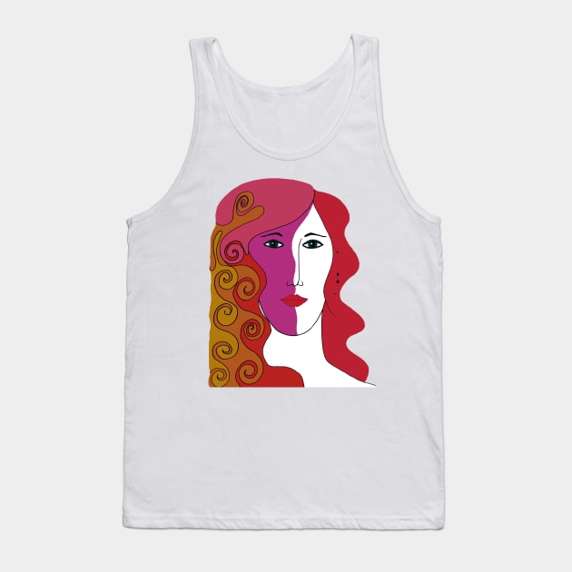 Woman's Face with Red, Pink and Orange Colored Hair Tank Top by karenmcfarland13